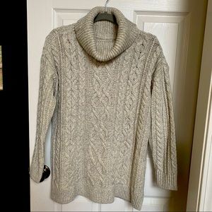 Loft  Light Grey Cowl Neck Aran Cabled sweater Size: Large Petite NWT